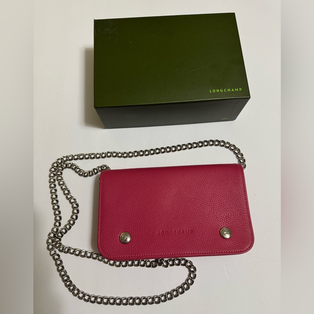 Longchamp Le Foulonné Pink Leather Wallet with Sliver Chain with gift box